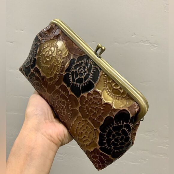 Handmade Genuine Leather Floral Embossed, Metal Frame Small Clutch/Phone Case